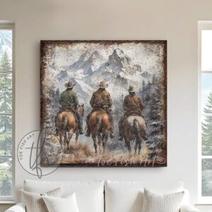 Toe Fish Art Vintage Cowboys on Horseback Rustic Western Montana Mountain Range Yellowstone Ranch Wall Art Painting. Nostalgic Wild West Winter Seasonal Wall Decor. Primitive Cottage Country artwork handcrafted in durable high-quality framed canvas or outdoor weatherproof solid aluminum metal, handmade in the USA from start to finish! Beautiful, nostalgic and timeless seasonal winter wall decor. Handcrafted in the USA by ToeFishArt, and built to last a lifetime by the Toe Fish Art family artisans. This beautiful original timeless painting of snow capped mountain peaks with cowboys on horseback riding the range adds unique eye-catching decor indoors or outdoors. Welcome entryway porch or living room fireplace hearth or fireplace mantel wall hanging or shelf sitter. Original, custom, personalized wall decor signs and artwork. Framed Canvas, Wood or Metal. Rustic modern farmhouse, cottagecore, vintage, retro, industrial, Americana, primitive, country, coastal, minimalist. Toe Fish Art is a USA small family woman owned business making beautiful decor since 1997.