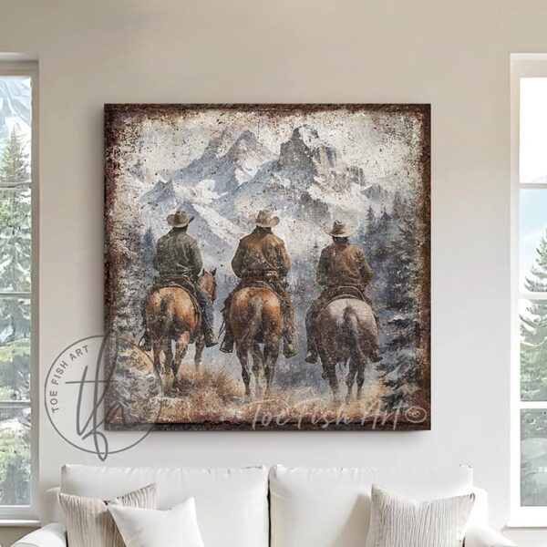Toe Fish Art Vintage Cowboys on Horseback Rustic Western Montana Mountain Range Yellowstone Ranch Wall Art Painting. Nostalgic Wild West Winter Seasonal Wall Decor. Primitive Cottage Country artwork handcrafted in durable high-quality framed canvas or outdoor weatherproof solid aluminum metal, handmade in the USA from start to finish! Beautiful, nostalgic and timeless seasonal winter wall decor. Handcrafted in the USA by ToeFishArt, and built to last a lifetime by the Toe Fish Art family artisans. This beautiful original timeless painting of snow capped mountain peaks with cowboys on horseback riding the range adds unique eye-catching decor indoors or outdoors. Welcome entryway porch or living room fireplace hearth or fireplace mantel wall hanging or shelf sitter. Original, custom, personalized wall decor signs and artwork. Framed Canvas, Wood or Metal. Rustic modern farmhouse, cottagecore, vintage, retro, industrial, Americana, primitive, country, coastal, minimalist. Toe Fish Art is a USA small family woman owned business making beautiful decor since 1997.