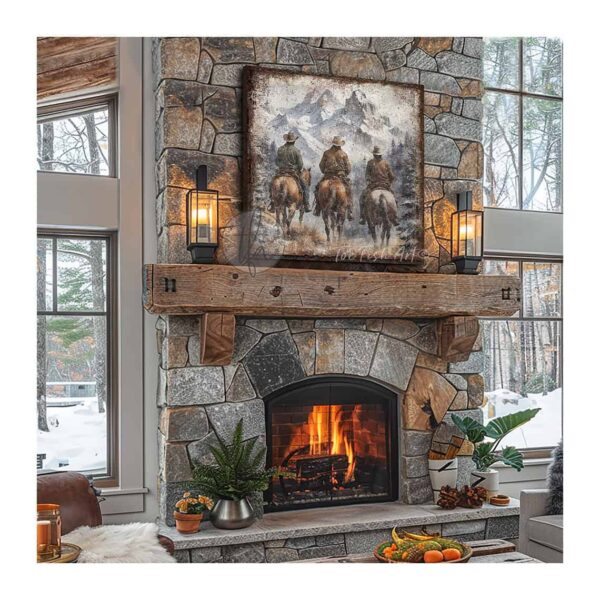 Toe Fish Art Vintage Cowboys on Horseback Rustic Western Montana Mountain Range Yellowstone Ranch Wall Art Painting. Nostalgic Wild West Winter Seasonal Wall Decor. Primitive Cottage Country artwork handcrafted in durable high-quality framed canvas or outdoor weatherproof solid aluminum metal, handmade in the USA from start to finish! Beautiful, nostalgic and timeless seasonal winter wall decor. Handcrafted in the USA by ToeFishArt, and built to last a lifetime by the Toe Fish Art family artisans. This beautiful original timeless painting of snow capped mountain peaks with cowboys on horseback riding the range adds unique eye-catching decor indoors or outdoors. Welcome entryway porch or living room fireplace hearth or fireplace mantel wall hanging or shelf sitter. Original, custom, personalized wall decor signs and artwork. Framed Canvas, Wood or Metal. Rustic modern farmhouse, cottagecore, vintage, retro, industrial, Americana, primitive, country, coastal, minimalist. Toe Fish Art is a USA small family woman owned business making beautiful decor since 1997.