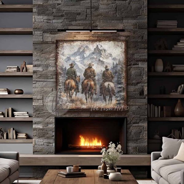 Toe Fish Art Vintage Cowboys on Horseback Rustic Western Montana Mountain Range Yellowstone Ranch Wall Art Painting. Nostalgic Wild West Winter Seasonal Wall Decor. Primitive Cottage Country artwork handcrafted in durable high-quality framed canvas or outdoor weatherproof solid aluminum metal, handmade in the USA from start to finish! Beautiful, nostalgic and timeless seasonal winter wall decor. Handcrafted in the USA by ToeFishArt, and built to last a lifetime by the Toe Fish Art family artisans. This beautiful original timeless painting of snow capped mountain peaks with cowboys on horseback riding the range adds unique eye-catching decor indoors or outdoors. Welcome entryway porch or living room fireplace hearth or fireplace mantel wall hanging or shelf sitter. Original, custom, personalized wall decor signs and artwork. Framed Canvas, Wood or Metal. Rustic modern farmhouse, cottagecore, vintage, retro, industrial, Americana, primitive, country, coastal, minimalist. Toe Fish Art is a USA small family woman owned business making beautiful decor since 1997.