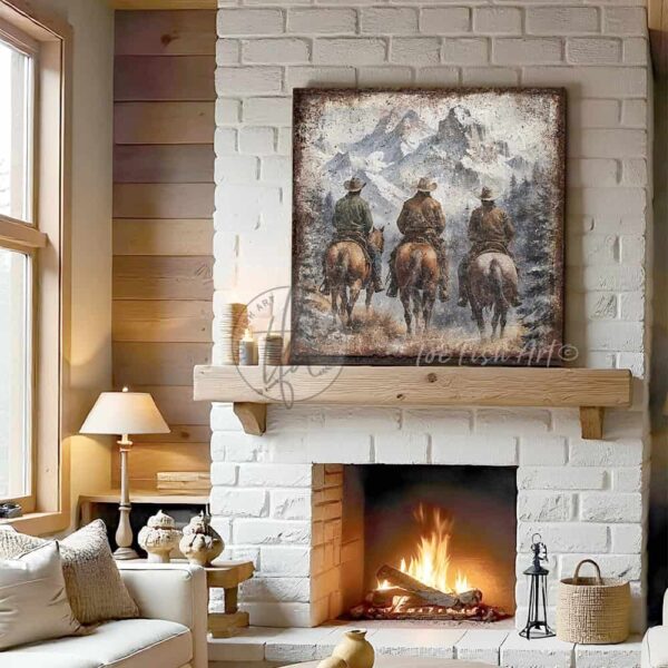 Toe Fish Art Vintage Cowboys on Horseback Rustic Western Montana Mountain Range Yellowstone Ranch Wall Art Painting. Nostalgic Wild West Winter Seasonal Wall Decor. Primitive Cottage Country artwork handcrafted in durable high-quality framed canvas or outdoor weatherproof solid aluminum metal, handmade in the USA from start to finish! Beautiful, nostalgic and timeless seasonal winter wall decor. Handcrafted in the USA by ToeFishArt, and built to last a lifetime by the Toe Fish Art family artisans. This beautiful original timeless painting of snow capped mountain peaks with cowboys on horseback riding the range adds unique eye-catching decor indoors or outdoors. Welcome entryway porch or living room fireplace hearth or fireplace mantel wall hanging or shelf sitter. Original, custom, personalized wall decor signs and artwork. Framed Canvas, Wood or Metal. Rustic modern farmhouse, cottagecore, vintage, retro, industrial, Americana, primitive, country, coastal, minimalist. Toe Fish Art is a USA small family woman owned business making beautiful decor since 1997.