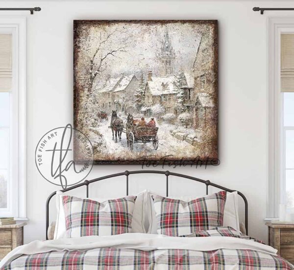 Toe Fish Art Vintage Winter Wonderland Rustic Country Cottage Christmas Village Horse-drawn Sleigh Ride Winter Holiday Seasonal Wall Decoration. Winter Season Wall Decor painting. Primitive Country Christmas artwork handcrafted in durable high-quality framed canvas or outdoor weatherproof solid aluminum metal, handmade in the USA from start to finish! Beautiful, nostalgic and timeless seasonal winter wall decor. Handcrafted in the USA by ToeFishArt, and built to last a lifetime by the Toe Fish Art family artisans. This beautiful original nostalgic painting of a snowy winter village scene with horse-drawn carriage riding through a country town adds unique eye-catching decor indoors or outdoors. Add instant outdoor holiday curb appeal! Christmas welcome entryway porch or living room fireplace hearth or fireplace mantel wall hanging or shelf sitter. Original, custom, personalized wall decor signs. Canvas, Wood or Metal. Rustic modern farmhouse, cottagecore, vintage, retro, industrial, Americana, primitive, country, coastal, minimalist. Toe Fish Art is a USA small family woman owned business making beautiful decor since 1997.