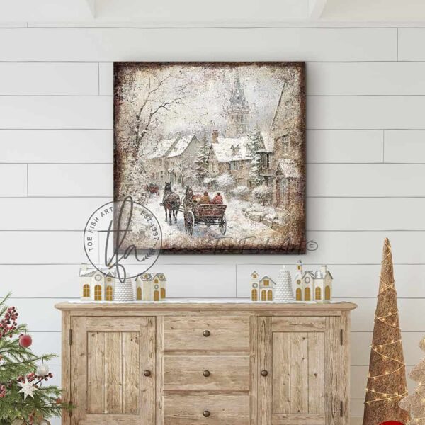 Toe Fish Art Vintage Winter Wonderland Rustic Country Cottage Christmas Village Horse-drawn Sleigh Ride Winter Holiday Seasonal Wall Decoration. Winter Season Wall Decor painting. Primitive Country Christmas artwork handcrafted in durable high-quality framed canvas or outdoor weatherproof solid aluminum metal, handmade in the USA from start to finish! Beautiful, nostalgic and timeless seasonal winter wall decor. Handcrafted in the USA by ToeFishArt, and built to last a lifetime by the Toe Fish Art family artisans. This beautiful original nostalgic painting of a snowy winter village scene with horse-drawn carriage riding through a country town adds unique eye-catching decor indoors or outdoors. Add instant outdoor holiday curb appeal! Christmas welcome entryway porch or living room fireplace hearth or fireplace mantel wall hanging or shelf sitter. Original, custom, personalized wall decor signs. Canvas, Wood or Metal. Rustic modern farmhouse, cottagecore, vintage, retro, industrial, Americana, primitive, country, coastal, minimalist. Toe Fish Art is a USA small family woman owned business making beautiful decor since 1997.