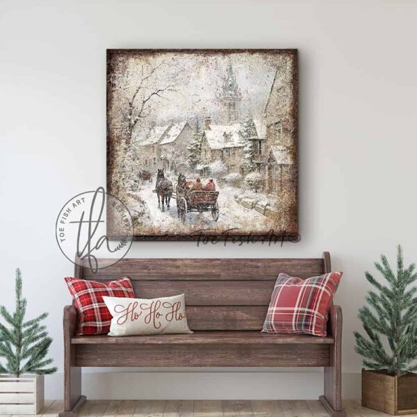 Toe Fish Art Vintage Winter Wonderland Rustic Country Cottage Christmas Village Horse-drawn Sleigh Ride Winter Holiday Seasonal Wall Decoration. Winter Season Wall Decor painting. Primitive Country Christmas artwork handcrafted in durable high-quality framed canvas or outdoor weatherproof solid aluminum metal, handmade in the USA from start to finish! Beautiful, nostalgic and timeless seasonal winter wall decor. Handcrafted in the USA by ToeFishArt, and built to last a lifetime by the Toe Fish Art family artisans. This beautiful original nostalgic painting of a snowy winter village scene with horse-drawn carriage riding through a country town adds unique eye-catching decor indoors or outdoors. Add instant outdoor holiday curb appeal! Christmas welcome entryway porch or living room fireplace hearth or fireplace mantel wall hanging or shelf sitter. Original, custom, personalized wall decor signs. Canvas, Wood or Metal. Rustic modern farmhouse, cottagecore, vintage, retro, industrial, Americana, primitive, country, coastal, minimalist. Toe Fish Art is a USA small family woman owned business making beautiful decor since 1997.
