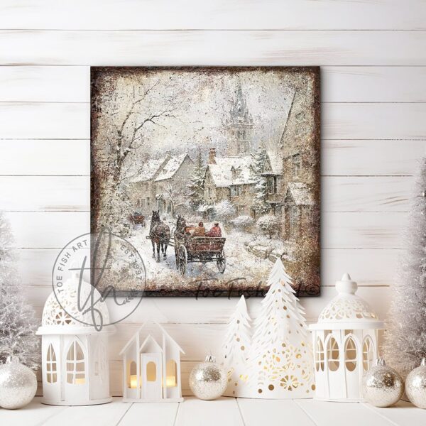 Toe Fish Art Vintage Winter Wonderland Rustic Country Cottage Christmas Village Horse-drawn Sleigh Ride Winter Holiday Seasonal Wall Decoration. Winter Season Wall Decor painting. Primitive Country Christmas artwork handcrafted in durable high-quality framed canvas or outdoor weatherproof solid aluminum metal, handmade in the USA from start to finish! Beautiful, nostalgic and timeless seasonal winter wall decor. Handcrafted in the USA by ToeFishArt, and built to last a lifetime by the Toe Fish Art family artisans. This beautiful original nostalgic painting of a snowy winter village scene with horse-drawn carriage riding through a country town adds unique eye-catching decor indoors or outdoors. Add instant outdoor holiday curb appeal! Christmas welcome entryway porch or living room fireplace hearth or fireplace mantel wall hanging or shelf sitter. Original, custom, personalized wall decor signs. Canvas, Wood or Metal. Rustic modern farmhouse, cottagecore, vintage, retro, industrial, Americana, primitive, country, coastal, minimalist. Toe Fish Art is a USA small family woman owned business making beautiful decor since 1997.