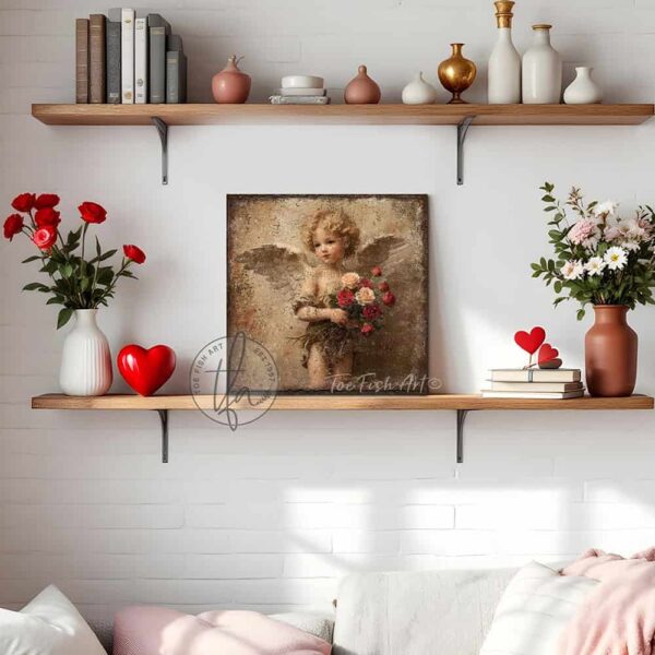 Toe Fish Art's charming vintage cottage-style wall art featuring a rustic antique cherub angel, perfect for Valentine's Day or as seasonal decor. This square-shaped painting showcases a delightfully sweet winged cherub, holding a bouquet of red and pink roses, all set against a worn rustic antiqued background in a lovely bronze, brown and golden taupe color palette. Handcrafted in the USA, this durable artwork is available in high-quality framed canvas or weatherproof solid aluminum metal, ensuring it lasts a lifetime. Ideal for enhancing your porch, entryway, living room, or romantic bedroom setting, this unique piece adds seasonal charm and eye-catching appeal to any indoor or outdoor space. Original, custom, personalized wall decor signs. Canvas, Wood or Metal. Rustic modern farmhouse, cottagecore, vintage, retro, industrial, Americana, primitive, country, coastal, minimalist. Toe Fish Art is a USA small family woman owned business making beautiful decor since 1997.