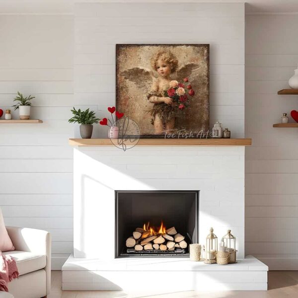 Toe Fish Art's charming vintage cottage-style wall art featuring a rustic antique cherub angel, perfect for Valentine's Day or as seasonal decor. This square-shaped painting showcases a delightfully sweet winged cherub, holding a bouquet of red and pink roses, all set against a worn rustic antiqued background in a lovely bronze, brown and golden taupe color palette. Handcrafted in the USA, this durable artwork is available in high-quality framed canvas or weatherproof solid aluminum metal, ensuring it lasts a lifetime. Ideal for enhancing your porch, entryway, living room, or romantic bedroom setting, this unique piece adds seasonal charm and eye-catching appeal to any indoor or outdoor space. Original, custom, personalized wall decor signs. Canvas, Wood or Metal. Rustic modern farmhouse, cottagecore, vintage, retro, industrial, Americana, primitive, country, coastal, minimalist. Toe Fish Art is a USA small family woman owned business making beautiful decor since 1997.