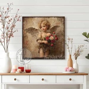 Toe Fish Art's charming vintage cottage-style wall art featuring a rustic antique cherub angel, perfect for Valentine's Day or as seasonal decor. This square-shaped painting showcases a delightfully sweet winged cherub, holding a bouquet of red and pink roses, all set against a worn rustic antiqued background in a lovely bronze, brown and golden taupe color palette. Handcrafted in the USA, this durable artwork is available in high-quality framed canvas or weatherproof solid aluminum metal, ensuring it lasts a lifetime. Ideal for enhancing your porch, entryway, living room, or romantic bedroom setting, this unique piece adds seasonal charm and eye-catching appeal to any indoor or outdoor space. Original, custom, personalized wall decor signs. Canvas, Wood or Metal. Rustic modern farmhouse, cottagecore, vintage, retro, industrial, Americana, primitive, country, coastal, minimalist. Toe Fish Art is a USA small family woman owned business making beautiful decor since 1997.