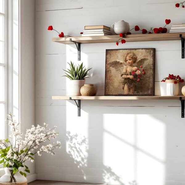 Toe Fish Art's charming vintage cottage-style wall art featuring a rustic antique cherub angel, perfect for Valentine's Day or as seasonal decor. This square-shaped painting showcases a delightfully sweet winged cherub, holding a bouquet of red and pink roses, all set against a worn rustic antiqued background in a lovely bronze, brown and golden taupe color palette. Handcrafted in the USA, this durable artwork is available in high-quality framed canvas or weatherproof solid aluminum metal, ensuring it lasts a lifetime. Ideal for enhancing your porch, entryway, living room, or romantic bedroom setting, this unique piece adds seasonal charm and eye-catching appeal to any indoor or outdoor space. Original, custom, personalized wall decor signs. Canvas, Wood or Metal. Rustic modern farmhouse, cottagecore, vintage, retro, industrial, Americana, primitive, country, coastal, minimalist. Toe Fish Art is a USA small family woman owned business making beautiful decor since 1997.