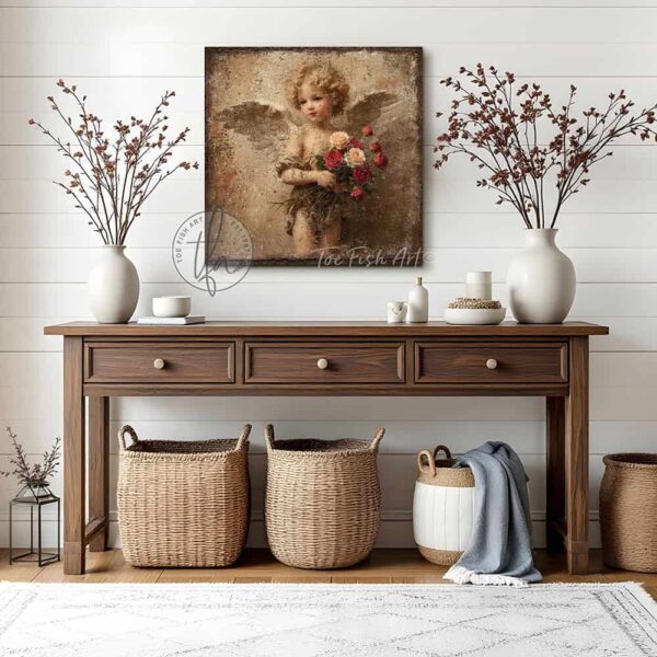 Toe Fish Art's charming vintage cottage-style wall art featuring a rustic antique cherub angel, perfect for Valentine's Day or as seasonal decor. This square-shaped painting showcases a delightfully sweet winged cherub, holding a bouquet of red and pink roses, all set against a worn rustic antiqued background in a lovely bronze, brown and golden taupe color palette. Handcrafted in the USA, this durable artwork is available in high-quality framed canvas or weatherproof solid aluminum metal, ensuring it lasts a lifetime. Ideal for enhancing your porch, entryway, living room, or romantic bedroom setting, this unique piece adds seasonal charm and eye-catching appeal to any indoor or outdoor space. Original, custom, personalized wall decor signs. Canvas, Wood or Metal. Rustic modern farmhouse, cottagecore, vintage, retro, industrial, Americana, primitive, country, coastal, minimalist. Toe Fish Art is a USA small family woman owned business making beautiful decor since 1997.