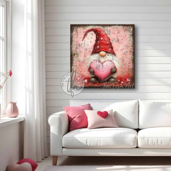 Toe Fish Art's charming vintage cottage-style wall art featuring a rustic gnome, perfect for Valentine's Day. This square-shaped decoration showcases a delightful gnome with a red hat and white beard, holding a pink heart, all set against a worn rustic background in a lovely red and pink color palette. Handcrafted in the USA, this durable artwork is available in high-quality framed canvas or weatherproof solid aluminum metal, ensuring it lasts a lifetime. Ideal for enhancing your porch, entryway, living room, or romantic bedroom setting, this unique piece adds seasonal charm and eye-catching appeal to any indoor or outdoor space. Original, custom, personalized wall decor signs. Canvas, Wood or Metal. Rustic modern farmhouse, cottagecore, vintage, retro, industrial, Americana, primitive, country, coastal, minimalist. Toe Fish Art is a USA small family woman owned business making beautiful decor since 1997.