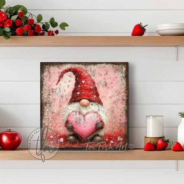 Toe Fish Art's charming vintage cottage-style wall art featuring a rustic gnome, perfect for Valentine's Day. This square-shaped decoration showcases a delightful gnome with a red hat and white beard, holding a pink heart, all set against a worn rustic background in a lovely red and pink color palette. Handcrafted in the USA, this durable artwork is available in high-quality framed canvas or weatherproof solid aluminum metal, ensuring it lasts a lifetime. Ideal for enhancing your porch, entryway, living room, or romantic bedroom setting, this unique piece adds seasonal charm and eye-catching appeal to any indoor or outdoor space. Original, custom, personalized wall decor signs. Canvas, Wood or Metal. Rustic modern farmhouse, cottagecore, vintage, retro, industrial, Americana, primitive, country, coastal, minimalist. Toe Fish Art is a USA small family woman owned business making beautiful decor since 1997.