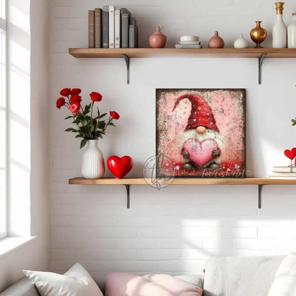 Toe Fish Art's charming vintage cottage-style wall art featuring a rustic gnome, perfect for Valentine's Day. This square-shaped decoration showcases a delightful gnome with a red hat and white beard, holding a pink heart, all set against a worn rustic background in a lovely red and pink color palette. Handcrafted in the USA, this durable artwork is available in high-quality framed canvas or weatherproof solid aluminum metal, ensuring it lasts a lifetime. Ideal for enhancing your porch, entryway, living room, or romantic bedroom setting, this unique piece adds seasonal charm and eye-catching appeal to any indoor or outdoor space. Original, custom, personalized wall decor signs. Canvas, Wood or Metal. Rustic modern farmhouse, cottagecore, vintage, retro, industrial, Americana, primitive, country, coastal, minimalist. Toe Fish Art is a USA small family woman owned business making beautiful decor since 1997.