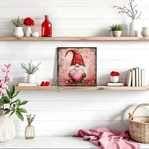 Toe Fish Art's charming vintage cottage-style wall art featuring a rustic gnome, perfect for Valentine's Day. This square-shaped decoration showcases a delightful gnome with a red hat and white beard, holding a pink heart, all set against a worn rustic background in a lovely red and pink color palette. Handcrafted in the USA, this durable artwork is available in high-quality framed canvas or weatherproof solid aluminum metal, ensuring it lasts a lifetime. Ideal for enhancing your porch, entryway, living room, or romantic bedroom setting, this unique piece adds seasonal charm and eye-catching appeal to any indoor or outdoor space. Original, custom, personalized wall decor signs. Canvas, Wood or Metal. Rustic modern farmhouse, cottagecore, vintage, retro, industrial, Americana, primitive, country, coastal, minimalist. Toe Fish Art is a USA small family woman owned business making beautiful decor since 1997.