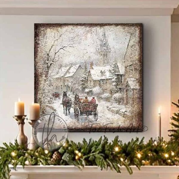 Toe Fish Art Vintage Winter Wonderland Rustic Country Cottage Christmas Village Horse-drawn Sleigh Ride Winter Holiday Seasonal Wall Decoration. Winter Season Wall Decor painting. Primitive Country Christmas artwork handcrafted in durable high-quality framed canvas or outdoor weatherproof solid aluminum metal, handmade in the USA from start to finish! Beautiful, nostalgic and timeless seasonal winter wall decor. Handcrafted in the USA by ToeFishArt, and built to last a lifetime by the Toe Fish Art family artisans. This beautiful original nostalgic painting of a snowy winter village scene with horse-drawn carriage riding through a country town adds unique eye-catching decor indoors or outdoors. Add instant outdoor holiday curb appeal! Christmas welcome entryway porch or living room fireplace hearth or fireplace mantel wall hanging or shelf sitter. Original, custom, personalized wall decor signs. Canvas, Wood or Metal. Rustic modern farmhouse, cottagecore, vintage, retro, industrial, Americana, primitive, country, coastal, minimalist. Toe Fish Art is a USA small family woman owned business making beautiful decor since 1997.