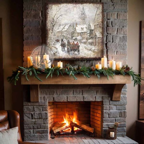 Toe Fish Art Vintage Winter Wonderland Rustic Country Cottage Christmas Village Horse-drawn Sleigh Ride Winter Holiday Seasonal Wall Decoration. Winter Season Wall Decor painting. Primitive Country Christmas artwork handcrafted in durable high-quality framed canvas or outdoor weatherproof solid aluminum metal, handmade in the USA from start to finish! Beautiful, nostalgic and timeless seasonal winter wall decor. Handcrafted in the USA by ToeFishArt, and built to last a lifetime by the Toe Fish Art family artisans. This beautiful original nostalgic painting of a snowy winter village scene with horse-drawn carriage riding through a country town adds unique eye-catching decor indoors or outdoors. Add instant outdoor holiday curb appeal! Christmas welcome entryway porch or living room fireplace hearth or fireplace mantel wall hanging or shelf sitter. Original, custom, personalized wall decor signs. Canvas, Wood or Metal. Rustic modern farmhouse, cottagecore, vintage, retro, industrial, Americana, primitive, country, coastal, minimalist. Toe Fish Art is a USA small family woman owned business making beautiful decor since 1997.