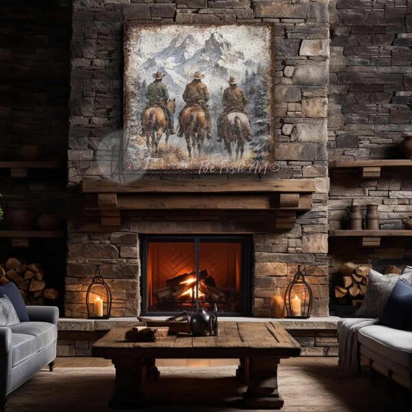 Toe Fish Art Vintage Cowboys on Horseback Rustic Western Montana Mountain Range Yellowstone Ranch Wall Art Painting. Nostalgic Wild West Winter Seasonal Wall Decor. Primitive Cottage Country artwork handcrafted in durable high-quality framed canvas or outdoor weatherproof solid aluminum metal, handmade in the USA from start to finish! Beautiful, nostalgic and timeless seasonal winter wall decor. Handcrafted in the USA by ToeFishArt, and built to last a lifetime by the Toe Fish Art family artisans. This beautiful original timeless painting of snow capped mountain peaks with cowboys on horseback riding the range adds unique eye-catching decor indoors or outdoors. Welcome entryway porch or living room fireplace hearth or fireplace mantel wall hanging or shelf sitter. Original, custom, personalized wall decor signs and artwork. Framed Canvas, Wood or Metal. Rustic modern farmhouse, cottagecore, vintage, retro, industrial, Americana, primitive, country, coastal, minimalist. Toe Fish Art is a USA small family woman owned business making beautiful decor since 1997.