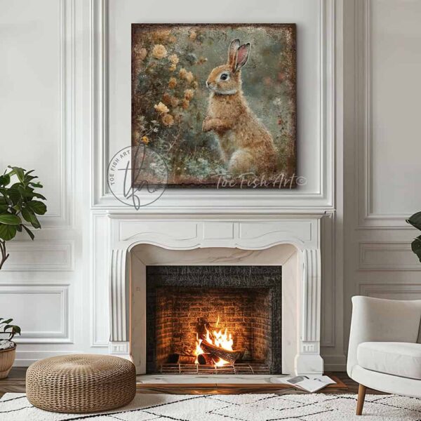 Toe Fish Art’s vintage-inspired painting features a charmingly cute brown bunny rabbit sniffing yellow roses in a green meadow. Surrounded by delicate spring florals, the scene is set against a rustic background, perfect for seasonal spring or Easter decor. This cottage-style artwork is available in framed canvas or outdoor metal, adding a cute, cozy and whimsical touch to any space in your home. Blending rustic primitive country charm with cottage farmhouse style, this unique handcrafted artwork is made of durable high-quality framed canvas or outdoor weatherproof solid aluminum metal, making it perfect for incorporating in any reorganizing or spring cleaning project, indoors or outdoors. Proudly made in the USA, each piece is designed to last a lifetime by the artisans at Toe Fish Art. This beautiful square-shaped painting enhances any decor, adding eye-catching appeal. It’s perfect for display in a porch, entryway, patio, lanai, deck, veranda, living room, fireplace hearth or mantel, kitchen, breakfast nook, or bedroom, or as a shelf sitter. A vibrant reminder of renewal and rebirth for the spring season, this artwork fits various styles, including rustic modern farmhouse, cottagecore, vintage, retro, industrial, Americana, primitive, country, coastal, and minimalist. Toe Fish Art is a small family, woman-owned business, creating beautiful decor for almost three decades, since 1997!