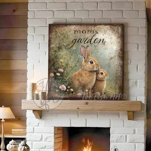 Toe Fish Art’s vintage-inspired painting features a charmingly cute pair of brown bunny rabbits amid pastel wildflowers in a green meadow. This artwork is perfect for gardeners and nature lovers! Surrounded by delicate spring florals, the scene is set against a rustic background, perfect for seasonal spring or Easter decor. Make this piece unique by customizing it with a personal name, favorite saying, popular quote, or bible verse. This cottage-style artwork is available in framed canvas or outdoor metal, adding a cute, cozy and whimsical touch to any space in your home. Blending rustic primitive country charm with cottage farmhouse style, this unique handcrafted artwork is made of durable high-quality framed canvas or outdoor weatherproof solid aluminum metal, making it perfect for incorporating in any reorganizing or spring cleaning project, indoors or outdoors. Proudly made in the USA, each piece is designed to last a lifetime by the artisans at Toe Fish Art. This beautiful square-shaped painting enhances any decor, adding eye-catching appeal. It’s perfect for display in a porch, entryway, patio, lanai, deck, veranda, living room, fireplace hearth or mantel, kitchen, breakfast nook, or bedroom, or as a shelf sitter. A vibrant reminder of renewal and rebirth for the spring season, this artwork fits various styles, including rustic modern farmhouse, cottagecore, vintage, retro, industrial, Americana, primitive, country, coastal, and minimalist. Toe Fish Art is a small family, woman-owned business, creating beautiful decor for almost three decades, since 1997!