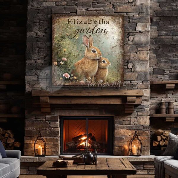 Toe Fish Art’s vintage-inspired painting features a charmingly cute pair of brown bunny rabbits amid pastel wildflowers in a green meadow. This artwork is perfect for gardeners and nature lovers! Surrounded by delicate spring florals, the scene is set against a rustic background, perfect for seasonal spring or Easter decor. Make this piece unique by customizing it with a personal name, favorite saying, popular quote, or bible verse. This cottage-style artwork is available in framed canvas or outdoor metal, adding a cute, cozy and whimsical touch to any space in your home. Blending rustic primitive country charm with cottage farmhouse style, this unique handcrafted artwork is made of durable high-quality framed canvas or outdoor weatherproof solid aluminum metal, making it perfect for incorporating in any reorganizing or spring cleaning project, indoors or outdoors. Proudly made in the USA, each piece is designed to last a lifetime by the artisans at Toe Fish Art. This beautiful square-shaped painting enhances any decor, adding eye-catching appeal. It’s perfect for display in a porch, entryway, patio, lanai, deck, veranda, living room, fireplace hearth or mantel, kitchen, breakfast nook, or bedroom, or as a shelf sitter. A vibrant reminder of renewal and rebirth for the spring season, this artwork fits various styles, including rustic modern farmhouse, cottagecore, vintage, retro, industrial, Americana, primitive, country, coastal, and minimalist. Toe Fish Art is a small family, woman-owned business, creating beautiful decor for almost three decades, since 1997!
