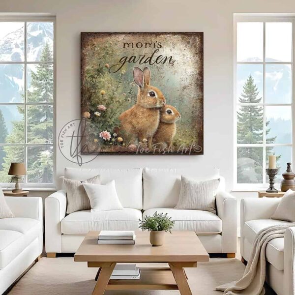 Toe Fish Art’s vintage-inspired painting features a charmingly cute pair of brown bunny rabbits amid pastel wildflowers in a green meadow. This artwork is perfect for gardeners and nature lovers! Surrounded by delicate spring florals, the scene is set against a rustic background, perfect for seasonal spring or Easter decor. Make this piece unique by customizing it with a personal name, favorite saying, popular quote, or bible verse. This cottage-style artwork is available in framed canvas or outdoor metal, adding a cute, cozy and whimsical touch to any space in your home. Blending rustic primitive country charm with cottage farmhouse style, this unique handcrafted artwork is made of durable high-quality framed canvas or outdoor weatherproof solid aluminum metal, making it perfect for incorporating in any reorganizing or spring cleaning project, indoors or outdoors. Proudly made in the USA, each piece is designed to last a lifetime by the artisans at Toe Fish Art. This beautiful square-shaped painting enhances any decor, adding eye-catching appeal. It’s perfect for display in a porch, entryway, patio, lanai, deck, veranda, living room, fireplace hearth or mantel, kitchen, breakfast nook, or bedroom, or as a shelf sitter. A vibrant reminder of renewal and rebirth for the spring season, this artwork fits various styles, including rustic modern farmhouse, cottagecore, vintage, retro, industrial, Americana, primitive, country, coastal, and minimalist. Toe Fish Art is a small family, woman-owned business, creating beautiful decor for almost three decades, since 1997!