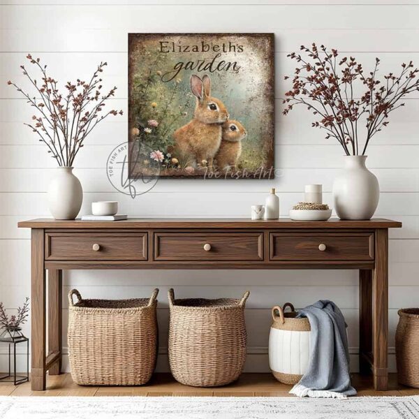 Toe Fish Art’s vintage-inspired painting features a charmingly cute pair of brown bunny rabbits amid pastel wildflowers in a green meadow. This artwork is perfect for gardeners and nature lovers! Surrounded by delicate spring florals, the scene is set against a rustic background, perfect for seasonal spring or Easter decor. Make this piece unique by customizing it with a personal name, favorite saying, popular quote, or bible verse. This cottage-style artwork is available in framed canvas or outdoor metal, adding a cute, cozy and whimsical touch to any space in your home. Blending rustic primitive country charm with cottage farmhouse style, this unique handcrafted artwork is made of durable high-quality framed canvas or outdoor weatherproof solid aluminum metal, making it perfect for incorporating in any reorganizing or spring cleaning project, indoors or outdoors. Proudly made in the USA, each piece is designed to last a lifetime by the artisans at Toe Fish Art. This beautiful square-shaped painting enhances any decor, adding eye-catching appeal. It’s perfect for display in a porch, entryway, patio, lanai, deck, veranda, living room, fireplace hearth or mantel, kitchen, breakfast nook, or bedroom, or as a shelf sitter. A vibrant reminder of renewal and rebirth for the spring season, this artwork fits various styles, including rustic modern farmhouse, cottagecore, vintage, retro, industrial, Americana, primitive, country, coastal, and minimalist. Toe Fish Art is a small family, woman-owned business, creating beautiful decor for almost three decades, since 1997!