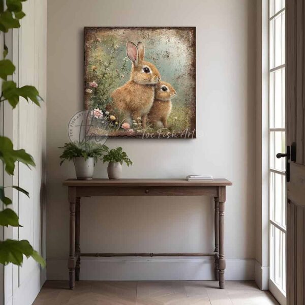 Toe Fish Art’s vintage-inspired painting features a charmingly cute pair of brown bunny rabbits amid pastel wildflowers in a green meadow. This artwork is perfect for gardeners and nature lovers! Surrounded by delicate spring florals, the scene is set against a rustic background, perfect for seasonal spring or Easter decor. Make this piece unique by customizing it with a personal name, favorite saying, popular quote, or bible verse. This cottage-style artwork is available in framed canvas or outdoor metal, adding a cute, cozy and whimsical touch to any space in your home. Blending rustic primitive country charm with cottage farmhouse style, this unique handcrafted artwork is made of durable high-quality framed canvas or outdoor weatherproof solid aluminum metal, making it perfect for incorporating in any reorganizing or spring cleaning project, indoors or outdoors. Proudly made in the USA, each piece is designed to last a lifetime by the artisans at Toe Fish Art. This beautiful square-shaped painting enhances any decor, adding eye-catching appeal. It’s perfect for display in a porch, entryway, patio, lanai, deck, veranda, living room, fireplace hearth or mantel, kitchen, breakfast nook, or bedroom, or as a shelf sitter. A vibrant reminder of renewal and rebirth for the spring season, this artwork fits various styles, including rustic modern farmhouse, cottagecore, vintage, retro, industrial, Americana, primitive, country, coastal, and minimalist. Toe Fish Art is a small family, woman-owned business, creating beautiful decor for almost three decades, since 1997!