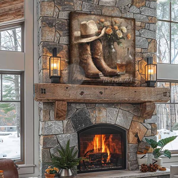 Toe Fish Art’s vintage-style wall art featuring cowboy boots and a western hat, set alongside a whiskey bottle and wildflower bouquet. This rustic painting captures the charm of country western ranch living, perfect for adding a cozy, authentic touch to any space. This cottage-style artwork is available in framed canvas or outdoor metal, in a huge selection of sizes, adding a warm and nostalgic touch to any space in your home. Blending rustic primitive country charm with cottage farmhouse style, this unique handcrafted artwork is made of durable high-quality framed canvas or outdoor weatherproof solid aluminum metal, making it perfect for incorporating in any storage reorganizing or spring cleaning project, indoors or outdoors. Proudly made in the USA, each piece is designed to last a lifetime by the artisans at Toe Fish Art. This beautiful square-shaped painting enhances any decor, adding eye-catching appeal. It’s perfect for display in a porch, entryway, patio, lanai, deck, veranda, living room, fireplace hearth or mantel, kitchen, breakfast nook, or bedroom, or as a shelf sitter. A stunning reminder of the old west, this artwork fits various styles, including rustic modern farmhouse, cottagecore, vintage, retro, industrial, Americana, primitive, country, coastal, and minimalist. Toe Fish Art is a small family, woman-owned business, creating beautiful decor for almost three decades, since 1997!
