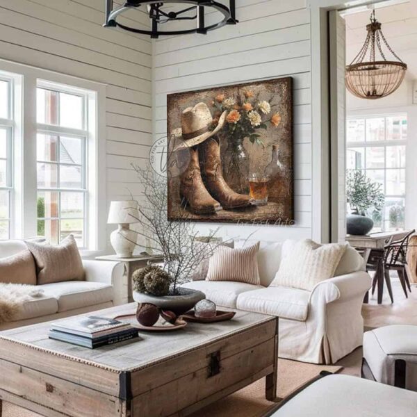 Toe Fish Art’s vintage-style wall art featuring cowboy boots and a western hat, set alongside a whiskey bottle and wildflower bouquet. This rustic painting captures the charm of country western ranch living, perfect for adding a cozy, authentic touch to any space. This cottage-style artwork is available in framed canvas or outdoor metal, in a huge selection of sizes, adding a warm and nostalgic touch to any space in your home. Blending rustic primitive country charm with cottage farmhouse style, this unique handcrafted artwork is made of durable high-quality framed canvas or outdoor weatherproof solid aluminum metal, making it perfect for incorporating in any storage reorganizing or spring cleaning project, indoors or outdoors. Proudly made in the USA, each piece is designed to last a lifetime by the artisans at Toe Fish Art. This beautiful square-shaped painting enhances any decor, adding eye-catching appeal. It’s perfect for display in a porch, entryway, patio, lanai, deck, veranda, living room, fireplace hearth or mantel, kitchen, breakfast nook, or bedroom, or as a shelf sitter. A stunning reminder of the old west, this artwork fits various styles, including rustic modern farmhouse, cottagecore, vintage, retro, industrial, Americana, primitive, country, coastal, and minimalist. Toe Fish Art is a small family, woman-owned business, creating beautiful decor for almost three decades, since 1997!