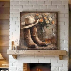 Toe Fish Art’s vintage-style wall art featuring cowboy boots and a western hat, set alongside a whiskey bottle and wildflower bouquet. This rustic painting captures the charm of country western ranch living, perfect for adding a cozy, authentic touch to any space. This cottage-style artwork is available in framed canvas or outdoor metal, in a huge selection of sizes, adding a warm and nostalgic touch to any space in your home. Blending rustic primitive country charm with cottage farmhouse style, this unique handcrafted artwork is made of durable high-quality framed canvas or outdoor weatherproof solid aluminum metal, making it perfect for incorporating in any storage reorganizing or spring cleaning project, indoors or outdoors. Proudly made in the USA, each piece is designed to last a lifetime by the artisans at Toe Fish Art. This beautiful square-shaped painting enhances any decor, adding eye-catching appeal. It’s perfect for display in a porch, entryway, patio, lanai, deck, veranda, living room, fireplace hearth or mantel, kitchen, breakfast nook, or bedroom, or as a shelf sitter. A stunning reminder of the old west, this artwork fits various styles, including rustic modern farmhouse, cottagecore, vintage, retro, industrial, Americana, primitive, country, coastal, and minimalist. Toe Fish Art is a small family, woman-owned business, creating beautiful decor for almost three decades, since 1997!