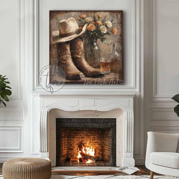 Toe Fish Art’s vintage-style wall art featuring cowboy boots and a western hat, set alongside a whiskey bottle and wildflower bouquet. This rustic painting captures the charm of country western ranch living, perfect for adding a cozy, authentic touch to any space. This cottage-style artwork is available in framed canvas or outdoor metal, in a huge selection of sizes, adding a warm and nostalgic touch to any space in your home. Blending rustic primitive country charm with cottage farmhouse style, this unique handcrafted artwork is made of durable high-quality framed canvas or outdoor weatherproof solid aluminum metal, making it perfect for incorporating in any storage reorganizing or spring cleaning project, indoors or outdoors. Proudly made in the USA, each piece is designed to last a lifetime by the artisans at Toe Fish Art. This beautiful square-shaped painting enhances any decor, adding eye-catching appeal. It’s perfect for display in a porch, entryway, patio, lanai, deck, veranda, living room, fireplace hearth or mantel, kitchen, breakfast nook, or bedroom, or as a shelf sitter. A stunning reminder of the old west, this artwork fits various styles, including rustic modern farmhouse, cottagecore, vintage, retro, industrial, Americana, primitive, country, coastal, and minimalist. Toe Fish Art is a small family, woman-owned business, creating beautiful decor for almost three decades, since 1997!