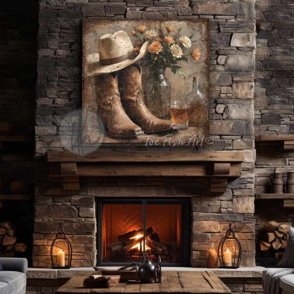 Toe Fish Art’s vintage-style wall art featuring cowboy boots and a western hat, set alongside a whiskey bottle and wildflower bouquet. This rustic painting captures the charm of country western ranch living, perfect for adding a cozy, authentic touch to any space. This cottage-style artwork is available in framed canvas or outdoor metal, in a huge selection of sizes, adding a warm and nostalgic touch to any space in your home. Blending rustic primitive country charm with cottage farmhouse style, this unique handcrafted artwork is made of durable high-quality framed canvas or outdoor weatherproof solid aluminum metal, making it perfect for incorporating in any storage reorganizing or spring cleaning project, indoors or outdoors. Proudly made in the USA, each piece is designed to last a lifetime by the artisans at Toe Fish Art. This beautiful square-shaped painting enhances any decor, adding eye-catching appeal. It’s perfect for display in a porch, entryway, patio, lanai, deck, veranda, living room, fireplace hearth or mantel, kitchen, breakfast nook, or bedroom, or as a shelf sitter. A stunning reminder of the old west, this artwork fits various styles, including rustic modern farmhouse, cottagecore, vintage, retro, industrial, Americana, primitive, country, coastal, and minimalist. Toe Fish Art is a small family, woman-owned business, creating beautiful decor for almost three decades, since 1997!
