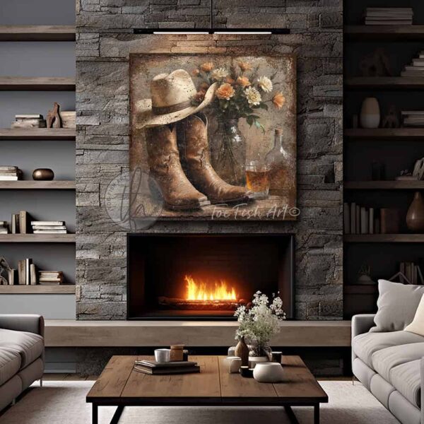 Toe Fish Art’s vintage-style wall art featuring cowboy boots and a western hat, set alongside a whiskey bottle and wildflower bouquet. This rustic painting captures the charm of country western ranch living, perfect for adding a cozy, authentic touch to any space. This cottage-style artwork is available in framed canvas or outdoor metal, in a huge selection of sizes, adding a warm and nostalgic touch to any space in your home. Blending rustic primitive country charm with cottage farmhouse style, this unique handcrafted artwork is made of durable high-quality framed canvas or outdoor weatherproof solid aluminum metal, making it perfect for incorporating in any storage reorganizing or spring cleaning project, indoors or outdoors. Proudly made in the USA, each piece is designed to last a lifetime by the artisans at Toe Fish Art. This beautiful square-shaped painting enhances any decor, adding eye-catching appeal. It’s perfect for display in a porch, entryway, patio, lanai, deck, veranda, living room, fireplace hearth or mantel, kitchen, breakfast nook, or bedroom, or as a shelf sitter. A stunning reminder of the old west, this artwork fits various styles, including rustic modern farmhouse, cottagecore, vintage, retro, industrial, Americana, primitive, country, coastal, and minimalist. Toe Fish Art is a small family, woman-owned business, creating beautiful decor for almost three decades, since 1997!