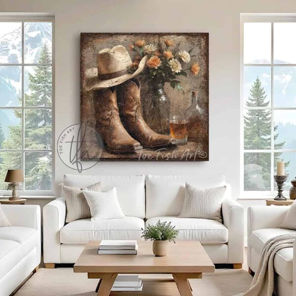 Toe Fish Art’s vintage-style wall art featuring cowboy boots and a western hat, set alongside a whiskey bottle and wildflower bouquet. This rustic painting captures the charm of country western ranch living, perfect for adding a cozy, authentic touch to any space. This cottage-style artwork is available in framed canvas or outdoor metal, in a huge selection of sizes, adding a warm and nostalgic touch to any space in your home. Blending rustic primitive country charm with cottage farmhouse style, this unique handcrafted artwork is made of durable high-quality framed canvas or outdoor weatherproof solid aluminum metal, making it perfect for incorporating in any storage reorganizing or spring cleaning project, indoors or outdoors. Proudly made in the USA, each piece is designed to last a lifetime by the artisans at Toe Fish Art. This beautiful square-shaped painting enhances any decor, adding eye-catching appeal. It’s perfect for display in a porch, entryway, patio, lanai, deck, veranda, living room, fireplace hearth or mantel, kitchen, breakfast nook, or bedroom, or as a shelf sitter. A stunning reminder of the old west, this artwork fits various styles, including rustic modern farmhouse, cottagecore, vintage, retro, industrial, Americana, primitive, country, coastal, and minimalist. Toe Fish Art is a small family, woman-owned business, creating beautiful decor for almost three decades, since 1997!