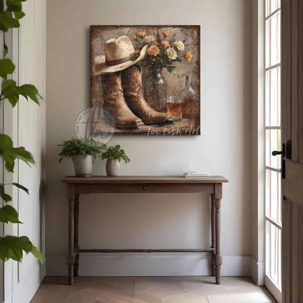 Toe Fish Art’s vintage-style wall art featuring cowboy boots and a western hat, set alongside a whiskey bottle and wildflower bouquet. This rustic painting captures the charm of country western ranch living, perfect for adding a cozy, authentic touch to any space. This cottage-style artwork is available in framed canvas or outdoor metal, in a huge selection of sizes, adding a warm and nostalgic touch to any space in your home. Blending rustic primitive country charm with cottage farmhouse style, this unique handcrafted artwork is made of durable high-quality framed canvas or outdoor weatherproof solid aluminum metal, making it perfect for incorporating in any storage reorganizing or spring cleaning project, indoors or outdoors. Proudly made in the USA, each piece is designed to last a lifetime by the artisans at Toe Fish Art. This beautiful square-shaped painting enhances any decor, adding eye-catching appeal. It’s perfect for display in a porch, entryway, patio, lanai, deck, veranda, living room, fireplace hearth or mantel, kitchen, breakfast nook, or bedroom, or as a shelf sitter. A stunning reminder of the old west, this artwork fits various styles, including rustic modern farmhouse, cottagecore, vintage, retro, industrial, Americana, primitive, country, coastal, and minimalist. Toe Fish Art is a small family, woman-owned business, creating beautiful decor for almost three decades, since 1997!