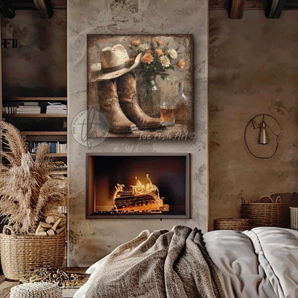 Toe Fish Art’s vintage-style wall art featuring cowboy boots and a western hat, set alongside a whiskey bottle and wildflower bouquet. This rustic painting captures the charm of country western ranch living, perfect for adding a cozy, authentic touch to any space. This cottage-style artwork is available in framed canvas or outdoor metal, in a huge selection of sizes, adding a warm and nostalgic touch to any space in your home. Blending rustic primitive country charm with cottage farmhouse style, this unique handcrafted artwork is made of durable high-quality framed canvas or outdoor weatherproof solid aluminum metal, making it perfect for incorporating in any storage reorganizing or spring cleaning project, indoors or outdoors. Proudly made in the USA, each piece is designed to last a lifetime by the artisans at Toe Fish Art. This beautiful square-shaped painting enhances any decor, adding eye-catching appeal. It’s perfect for display in a porch, entryway, patio, lanai, deck, veranda, living room, fireplace hearth or mantel, kitchen, breakfast nook, or bedroom, or as a shelf sitter. A stunning reminder of the old west, this artwork fits various styles, including rustic modern farmhouse, cottagecore, vintage, retro, industrial, Americana, primitive, country, coastal, and minimalist. Toe Fish Art is a small family, woman-owned business, creating beautiful decor for almost three decades, since 1997!