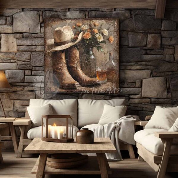 Toe Fish Art’s vintage-style wall art featuring cowboy boots and a western hat, set alongside a whiskey bottle and wildflower bouquet. This rustic painting captures the charm of country western ranch living, perfect for adding a cozy, authentic touch to any space. This cottage-style artwork is available in framed canvas or outdoor metal, in a huge selection of sizes, adding a warm and nostalgic touch to any space in your home. Blending rustic primitive country charm with cottage farmhouse style, this unique handcrafted artwork is made of durable high-quality framed canvas or outdoor weatherproof solid aluminum metal, making it perfect for incorporating in any storage reorganizing or spring cleaning project, indoors or outdoors. Proudly made in the USA, each piece is designed to last a lifetime by the artisans at Toe Fish Art. This beautiful square-shaped painting enhances any decor, adding eye-catching appeal. It’s perfect for display in a porch, entryway, patio, lanai, deck, veranda, living room, fireplace hearth or mantel, kitchen, breakfast nook, or bedroom, or as a shelf sitter. A stunning reminder of the old west, this artwork fits various styles, including rustic modern farmhouse, cottagecore, vintage, retro, industrial, Americana, primitive, country, coastal, and minimalist. Toe Fish Art is a small family, woman-owned business, creating beautiful decor for almost three decades, since 1997!