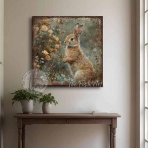 Toe Fish Art’s vintage-inspired painting features a charmingly cute brown bunny rabbit sniffing yellow roses in a green meadow. Surrounded by delicate spring florals, the scene is set against a rustic background, perfect for seasonal spring or Easter decor. This cottage-style artwork is available in framed canvas or outdoor metal, adding a cute, cozy and whimsical touch to any space in your home. Blending rustic primitive country charm with cottage farmhouse style, this unique handcrafted artwork is made of durable high-quality framed canvas or outdoor weatherproof solid aluminum metal, making it perfect for incorporating in any reorganizing or spring cleaning project, indoors or outdoors. Proudly made in the USA, each piece is designed to last a lifetime by the artisans at Toe Fish Art. This beautiful square-shaped painting enhances any decor, adding eye-catching appeal. It’s perfect for display in a porch, entryway, patio, lanai, deck, veranda, living room, fireplace hearth or mantel, kitchen, breakfast nook, or bedroom, or as a shelf sitter. A vibrant reminder of renewal and rebirth for the spring season, this artwork fits various styles, including rustic modern farmhouse, cottagecore, vintage, retro, industrial, Americana, primitive, country, coastal, and minimalist. Toe Fish Art is a small family, woman-owned business, creating beautiful decor for almost three decades, since 1997!