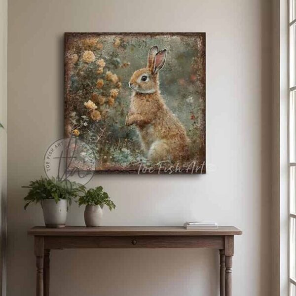Toe Fish Art’s vintage-inspired painting features a charmingly cute brown bunny rabbit sniffing yellow roses in a green meadow. Surrounded by delicate spring florals, the scene is set against a rustic background, perfect for seasonal spring or Easter decor. This cottage-style artwork is available in framed canvas or outdoor metal, adding a cute, cozy and whimsical touch to any space in your home. Blending rustic primitive country charm with cottage farmhouse style, this unique handcrafted artwork is made of durable high-quality framed canvas or outdoor weatherproof solid aluminum metal, making it perfect for incorporating in any reorganizing or spring cleaning project, indoors or outdoors. Proudly made in the USA, each piece is designed to last a lifetime by the artisans at Toe Fish Art. This beautiful square-shaped painting enhances any decor, adding eye-catching appeal. It’s perfect for display in a porch, entryway, patio, lanai, deck, veranda, living room, fireplace hearth or mantel, kitchen, breakfast nook, or bedroom, or as a shelf sitter. A vibrant reminder of renewal and rebirth for the spring season, this artwork fits various styles, including rustic modern farmhouse, cottagecore, vintage, retro, industrial, Americana, primitive, country, coastal, and minimalist. Toe Fish Art is a small family, woman-owned business, creating beautiful decor for almost three decades, since 1997!