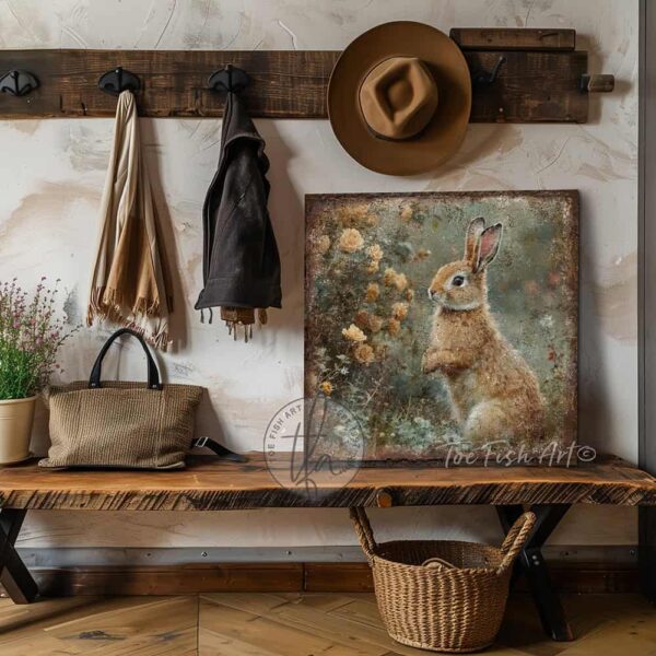 Toe Fish Art’s vintage-inspired painting features a charmingly cute brown bunny rabbit sniffing yellow roses in a green meadow. Surrounded by delicate spring florals, the scene is set against a rustic background, perfect for seasonal spring or Easter decor. This cottage-style artwork is available in framed canvas or outdoor metal, adding a cute, cozy and whimsical touch to any space in your home. Blending rustic primitive country charm with cottage farmhouse style, this unique handcrafted artwork is made of durable high-quality framed canvas or outdoor weatherproof solid aluminum metal, making it perfect for incorporating in any reorganizing or spring cleaning project, indoors or outdoors. Proudly made in the USA, each piece is designed to last a lifetime by the artisans at Toe Fish Art. This beautiful square-shaped painting enhances any decor, adding eye-catching appeal. It’s perfect for display in a porch, entryway, patio, lanai, deck, veranda, living room, fireplace hearth or mantel, kitchen, breakfast nook, or bedroom, or as a shelf sitter. A vibrant reminder of renewal and rebirth for the spring season, this artwork fits various styles, including rustic modern farmhouse, cottagecore, vintage, retro, industrial, Americana, primitive, country, coastal, and minimalist. Toe Fish Art is a small family, woman-owned business, creating beautiful decor for almost three decades, since 1997!