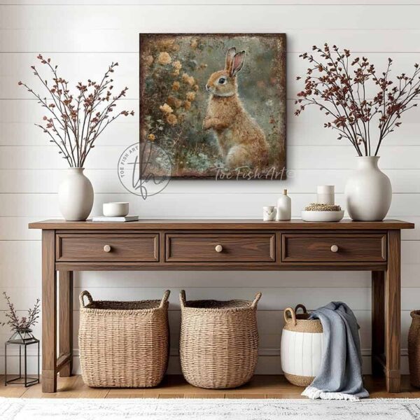 Toe Fish Art’s vintage-inspired painting features a charmingly cute brown bunny rabbit sniffing yellow roses in a green meadow. Surrounded by delicate spring florals, the scene is set against a rustic background, perfect for seasonal spring or Easter decor. This cottage-style artwork is available in framed canvas or outdoor metal, adding a cute, cozy and whimsical touch to any space in your home. Blending rustic primitive country charm with cottage farmhouse style, this unique handcrafted artwork is made of durable high-quality framed canvas or outdoor weatherproof solid aluminum metal, making it perfect for incorporating in any reorganizing or spring cleaning project, indoors or outdoors. Proudly made in the USA, each piece is designed to last a lifetime by the artisans at Toe Fish Art. This beautiful square-shaped painting enhances any decor, adding eye-catching appeal. It’s perfect for display in a porch, entryway, patio, lanai, deck, veranda, living room, fireplace hearth or mantel, kitchen, breakfast nook, or bedroom, or as a shelf sitter. A vibrant reminder of renewal and rebirth for the spring season, this artwork fits various styles, including rustic modern farmhouse, cottagecore, vintage, retro, industrial, Americana, primitive, country, coastal, and minimalist. Toe Fish Art is a small family, woman-owned business, creating beautiful decor for almost three decades, since 1997!