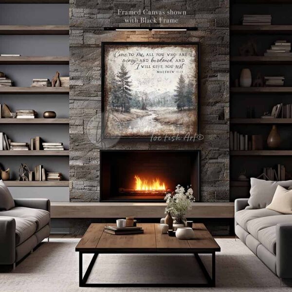 Toe Fish Art presents a vintage serene landscape painting featuring a forested river with a distant mountain range. This unique piece incorporates the Christian scripture from Matthew 11:28: "Come to Me, all who are weary, and I will give you rest." Blending rustic primitive country charm with cottage farmhouse style, this handcrafted artwork is available in durable high-quality framed canvas or outdoor weatherproof solid aluminum metal. Proudly made in the USA, each piece is designed to last a lifetime by the artisans at Toe Fish Art. This beautiful landscape painting enhances any decor, adding eye-catching appeal indoors or outdoors. It’s perfect for display in a porch, entryway, patio, lanai, deck, veranda, living room, fireplace hearth or mantel, dining room, or bedroom, or as a shelf sitter. A stunning reminder of Christian faith and God's love, this artwork fits various styles, including rustic modern farmhouse, cottagecore, vintage, retro, industrial, Americana, primitive, country, coastal, and minimalist. Toe Fish Art is a small family, woman-owned business, creating beautiful decor for almost three decades, since 1997!