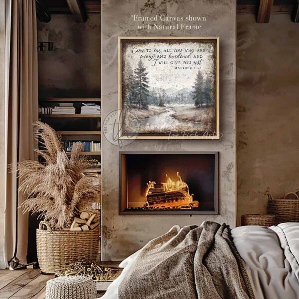 Toe Fish Art presents a vintage serene landscape painting featuring a forested river with a distant mountain range. This unique piece incorporates the Christian scripture from Matthew 11:28: "Come to Me, all who are weary, and I will give you rest." Blending rustic primitive country charm with cottage farmhouse style, this handcrafted artwork is available in durable high-quality framed canvas or outdoor weatherproof solid aluminum metal. Proudly made in the USA, each piece is designed to last a lifetime by the artisans at Toe Fish Art. This beautiful landscape painting enhances any decor, adding eye-catching appeal indoors or outdoors. It’s perfect for display in a porch, entryway, patio, lanai, deck, veranda, living room, fireplace hearth or mantel, dining room, or bedroom, or as a shelf sitter. A stunning reminder of Christian faith and God's love, this artwork fits various styles, including rustic modern farmhouse, cottagecore, vintage, retro, industrial, Americana, primitive, country, coastal, and minimalist. Toe Fish Art is a small family, woman-owned business, creating beautiful decor for almost three decades, since 1997!
