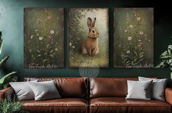 Toe Fish Art’s 3-piece set, or individual pieces, vintage Spring florals and bunny rabbit paintings, featuring our signature worn rustic style with soft garden greens and pink & white pastels, designed for seasonal Easter country cottage wall decor, available in framed canvas or outdoor metal artwork wall hangings in a huge variety of sizes and frame colors. These vintage-inspired paintings come as a set, or order individually, and feature a charmingly cute brown bunny rabbit amid a flower garden scene of soft greens with pink & white pastel wildflowers. Surrounded by delicate spring florals, the scene is set against a rustic background, perfect for seasonal spring or Easter decorations, or year round. This cottage-style artwork is available in framed canvas or outdoor metal, adding a sweet, cozy and warm touch to any space in your home. Blending rustic primitive country charm with authentic cottage farmhouse style, this unique handcrafted artwork is made of durable high-quality framed canvas or outdoor weatherproof solid aluminum metal, making it perfect for incorporating in any reorganizing, remodeling, redecorating or spring cleaning project, indoors or outdoors. Proudly made in the USA, each piece is designed to last a lifetime by the artisans at Toe Fish Art. These stunning vertically designed paintings enhance any decor, adding special eye-catching appeal. Mix and match the sizes and materials of this set to create the perfect unique touch for your space! This artwork is perfect for display in a porch, entryway, patio, lanai, deck, veranda, living room, fireplace hearth or mantel, kitchen, breakfast nook, or bedroom, or as a shelf sitter in any room. A vibrant reminder of renewal and rebirth for the spring season, this artwork fits various styles, including rustic modern farmhouse, cottagecore, vintage, retro, industrial, Americana, primitive, country, coastal, and minimalist. Toe Fish Art is a small family, woman-owned business, creating beautiful decor for almost three decades, since 1997!
