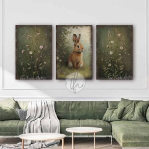 Toe Fish Art’s 3-piece set, or individual pieces, vintage Spring florals and bunny rabbit paintings, featuring our signature worn rustic style with soft garden greens and pink & white pastels, designed for seasonal Easter country cottage wall decor, available in framed canvas or outdoor metal artwork wall hangings in a huge variety of sizes and frame colors. These vintage-inspired paintings come as a set, or order individually, and feature a charmingly cute brown bunny rabbit amid a flower garden scene of soft greens with pink & white pastel wildflowers. Surrounded by delicate spring florals, the scene is set against a rustic background, perfect for seasonal spring or Easter decorations, or year round. This cottage-style artwork is available in framed canvas or outdoor metal, adding a sweet, cozy and warm touch to any space in your home. Blending rustic primitive country charm with authentic cottage farmhouse style, this unique handcrafted artwork is made of durable high-quality framed canvas or outdoor weatherproof solid aluminum metal, making it perfect for incorporating in any reorganizing, remodeling, redecorating or spring cleaning project, indoors or outdoors. Proudly made in the USA, each piece is designed to last a lifetime by the artisans at Toe Fish Art. These stunning vertically designed paintings enhance any decor, adding special eye-catching appeal. Mix and match the sizes and materials of this set to create the perfect unique touch for your space! This artwork is perfect for display in a porch, entryway, patio, lanai, deck, veranda, living room, fireplace hearth or mantel, kitchen, breakfast nook, or bedroom, or as a shelf sitter in any room. A vibrant reminder of renewal and rebirth for the spring season, this artwork fits various styles, including rustic modern farmhouse, cottagecore, vintage, retro, industrial, Americana, primitive, country, coastal, and minimalist. Toe Fish Art is a small family, woman-owned business, creating beautiful decor for almost three decades, since 1997!