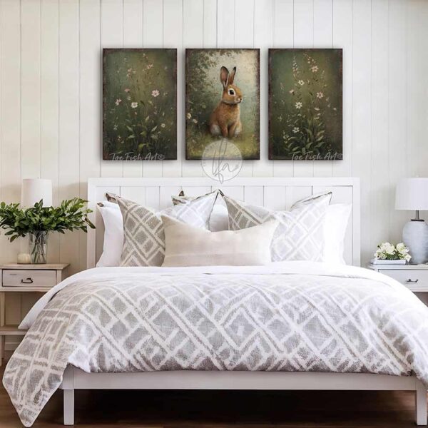 Toe Fish Art’s 3-piece set, or individual pieces, vintage Spring florals and bunny rabbit paintings, featuring our signature worn rustic style with soft garden greens and pink & white pastels, designed for seasonal Easter country cottage wall decor, available in framed canvas or outdoor metal artwork wall hangings in a huge variety of sizes and frame colors. These vintage-inspired paintings come as a set, or order individually, and feature a charmingly cute brown bunny rabbit amid a flower garden scene of soft greens with pink & white pastel wildflowers. Surrounded by delicate spring florals, the scene is set against a rustic background, perfect for seasonal spring or Easter decorations, or year round. This cottage-style artwork is available in framed canvas or outdoor metal, adding a sweet, cozy and warm touch to any space in your home. Blending rustic primitive country charm with authentic cottage farmhouse style, this unique handcrafted artwork is made of durable high-quality framed canvas or outdoor weatherproof solid aluminum metal, making it perfect for incorporating in any reorganizing, remodeling, redecorating or spring cleaning project, indoors or outdoors. Proudly made in the USA, each piece is designed to last a lifetime by the artisans at Toe Fish Art. These stunning vertically designed paintings enhance any decor, adding special eye-catching appeal. Mix and match the sizes and materials of this set to create the perfect unique touch for your space! This artwork is perfect for display in a porch, entryway, patio, lanai, deck, veranda, living room, fireplace hearth or mantel, kitchen, breakfast nook, or bedroom, or as a shelf sitter in any room. A vibrant reminder of renewal and rebirth for the spring season, this artwork fits various styles, including rustic modern farmhouse, cottagecore, vintage, retro, industrial, Americana, primitive, country, coastal, and minimalist. Toe Fish Art is a small family, woman-owned business, creating beautiful decor for almost three decades, since 1997!