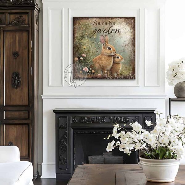 Toe Fish Art’s vintage-inspired painting features a charmingly cute pair of brown bunny rabbits amid pastel wildflowers in a green meadow. This artwork is perfect for gardeners and nature lovers! Surrounded by delicate spring florals, the scene is set against a rustic background, perfect for seasonal spring or Easter decor. Make this piece unique by customizing it with a personal name, favorite saying, popular quote, or bible verse. This cottage-style artwork is available in framed canvas or outdoor metal, adding a cute, cozy and whimsical touch to any space in your home. Blending rustic primitive country charm with cottage farmhouse style, this unique handcrafted artwork is made of durable high-quality framed canvas or outdoor weatherproof solid aluminum metal, making it perfect for incorporating in any reorganizing or spring cleaning project, indoors or outdoors. Proudly made in the USA, each piece is designed to last a lifetime by the artisans at Toe Fish Art. This beautiful square-shaped painting enhances any decor, adding eye-catching appeal. It’s perfect for display in a porch, entryway, patio, lanai, deck, veranda, living room, fireplace hearth or mantel, kitchen, breakfast nook, or bedroom, or as a shelf sitter. A vibrant reminder of renewal and rebirth for the spring season, this artwork fits various styles, including rustic modern farmhouse, cottagecore, vintage, retro, industrial, Americana, primitive, country, coastal, and minimalist. Toe Fish Art is a small family, woman-owned business, creating beautiful decor for almost three decades, since 1997!