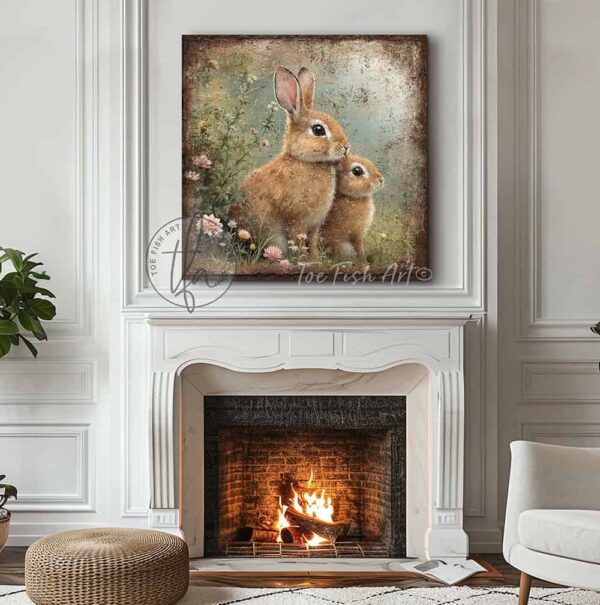 Toe Fish Art’s vintage-inspired painting features a charmingly cute pair of brown bunny rabbits amid pastel wildflowers in a green meadow. This artwork is perfect for gardeners and nature lovers! Surrounded by delicate spring florals, the scene is set against a rustic background, perfect for seasonal spring or Easter decor. Make this piece unique by customizing it with a personal name, favorite saying, popular quote, or bible verse. This cottage-style artwork is available in framed canvas or outdoor metal, adding a cute, cozy and whimsical touch to any space in your home. Blending rustic primitive country charm with cottage farmhouse style, this unique handcrafted artwork is made of durable high-quality framed canvas or outdoor weatherproof solid aluminum metal, making it perfect for incorporating in any reorganizing or spring cleaning project, indoors or outdoors. Proudly made in the USA, each piece is designed to last a lifetime by the artisans at Toe Fish Art. This beautiful square-shaped painting enhances any decor, adding eye-catching appeal. It’s perfect for display in a porch, entryway, patio, lanai, deck, veranda, living room, fireplace hearth or mantel, kitchen, breakfast nook, or bedroom, or as a shelf sitter. A vibrant reminder of renewal and rebirth for the spring season, this artwork fits various styles, including rustic modern farmhouse, cottagecore, vintage, retro, industrial, Americana, primitive, country, coastal, and minimalist. Toe Fish Art is a small family, woman-owned business, creating beautiful decor for almost three decades, since 1997!