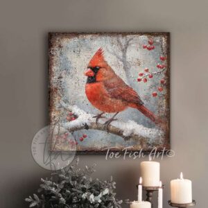 Toe Fish Art’s vintage-style painting depicts a serene winter forest scene. A vibrant red cardinal bird perches on a snow-covered branch, surrounded by clusters of holly berries, creating a peaceful and festive atmosphere. Blending rustic primitive country charm with cottage farmhouse style, this unique handcrafted artwork is available in durable high-quality framed canvas or outdoor weatherproof solid aluminum metal. Proudly made in the USA, each piece is designed to last a lifetime by the artisans at Toe Fish Art. This beautiful square-shaped painting enhances any decor, adding eye-catching appeal indoors or outdoors. It’s perfect for display in a porch, entryway, patio, lanai, deck, veranda, living room, fireplace hearth or mantel, dining room, or bedroom, or as a shelf sitter. A stunning reminder of the solace of the winter season, this artwork fits various styles, including rustic modern farmhouse, cottagecore, vintage, retro, industrial, Americana, primitive, country, coastal, and minimalist. Toe Fish Art is a small family, woman-owned business, creating beautiful decor for almost three decades, since 1997!