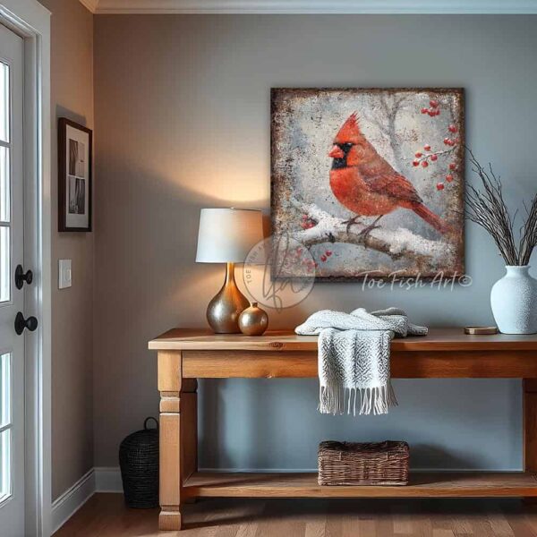 Toe Fish Art’s vintage-style painting depicts a serene winter forest scene. A vibrant red cardinal bird perches on a snow-covered branch, surrounded by clusters of holly berries, creating a peaceful and festive atmosphere. Blending rustic primitive country charm with cottage farmhouse style, this unique handcrafted artwork is available in durable high-quality framed canvas or outdoor weatherproof solid aluminum metal. Proudly made in the USA, each piece is designed to last a lifetime by the artisans at Toe Fish Art. This beautiful square-shaped painting enhances any decor, adding eye-catching appeal indoors or outdoors. It’s perfect for display in a porch, entryway, patio, lanai, deck, veranda, living room, fireplace hearth or mantel, dining room, or bedroom, or as a shelf sitter. A stunning reminder of the solace of the winter season, this artwork fits various styles, including rustic modern farmhouse, cottagecore, vintage, retro, industrial, Americana, primitive, country, coastal, and minimalist. Toe Fish Art is a small family, woman-owned business, creating beautiful decor for almost three decades, since 1997!